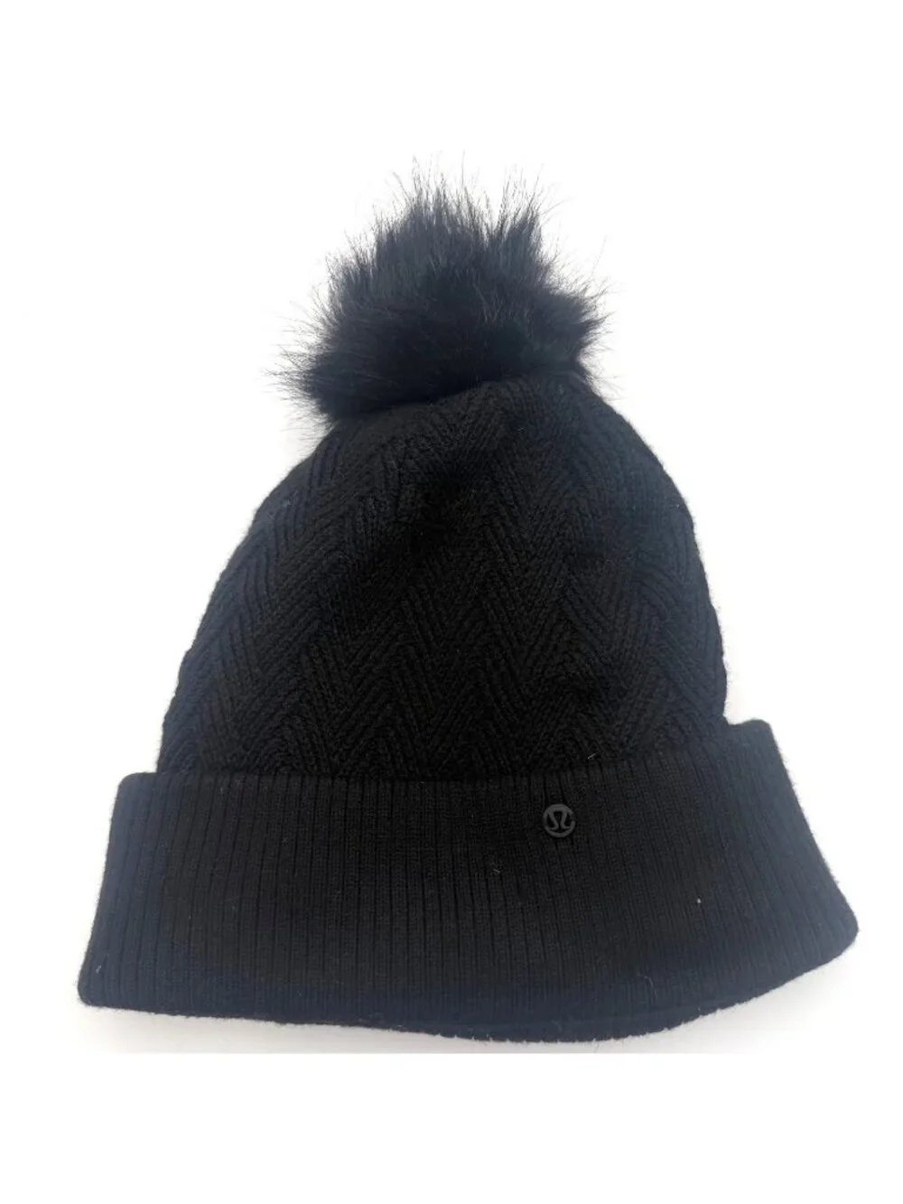 Lululemon Women's OS Black Merino Wool Beanie Faux Fur Pom Winter Hat
